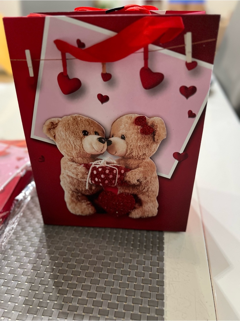 Red Valentine's Day Gift Bag with Teddy Bear Design